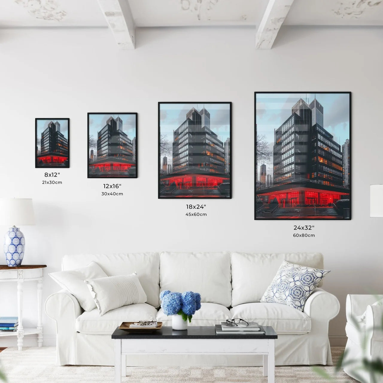 Bauhaus Inspired Painting: Abstract Building with Red Lights, Modern Art Size Chart