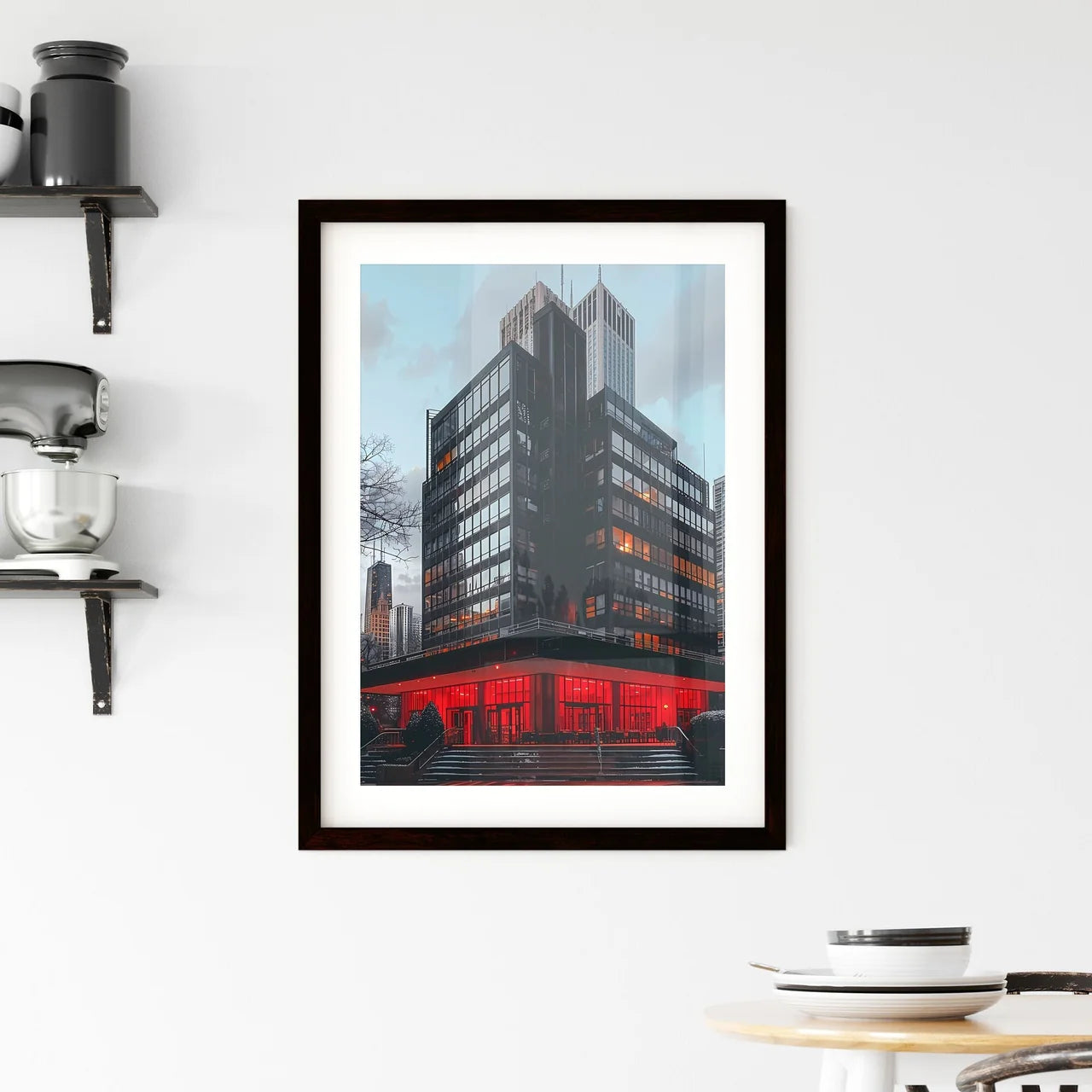Bauhaus Inspired Painting: Abstract Building with Red Lights, Modern Art Custom Print