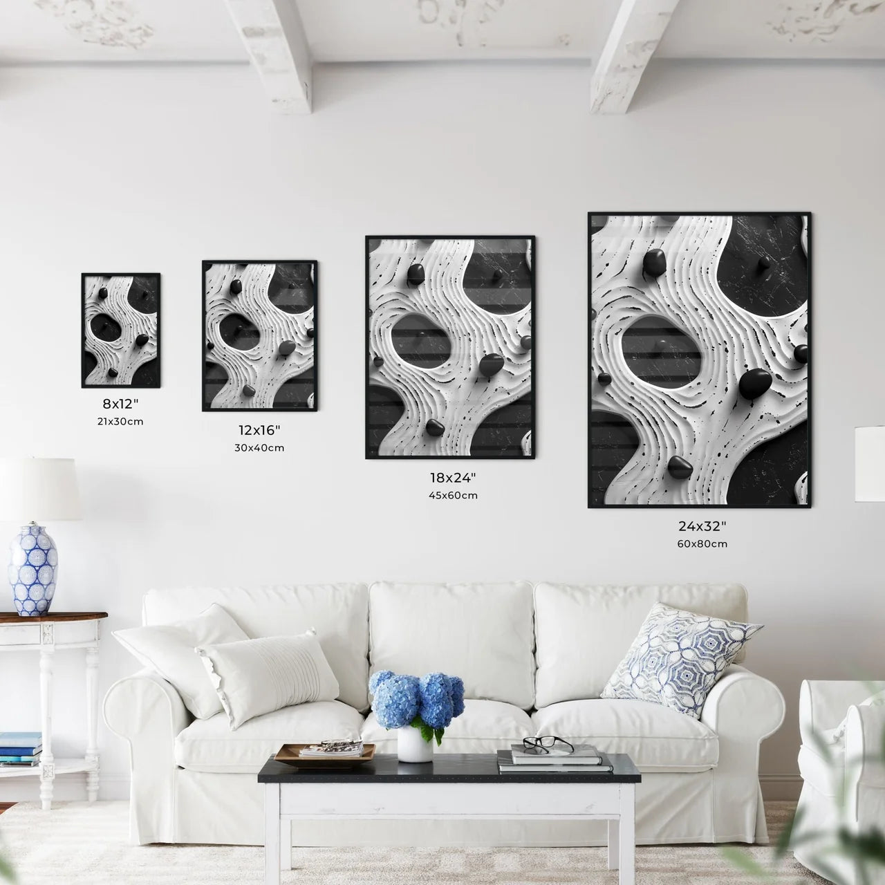 Black and white painting with stones pattern on a solid white background Size Chart