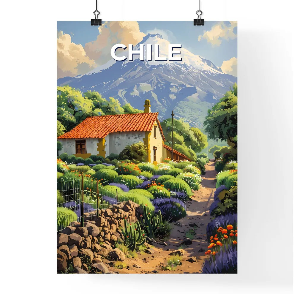 Vibrant Painting of a House with Garden and Mountain, Chile, South America, Focus on Art Poster