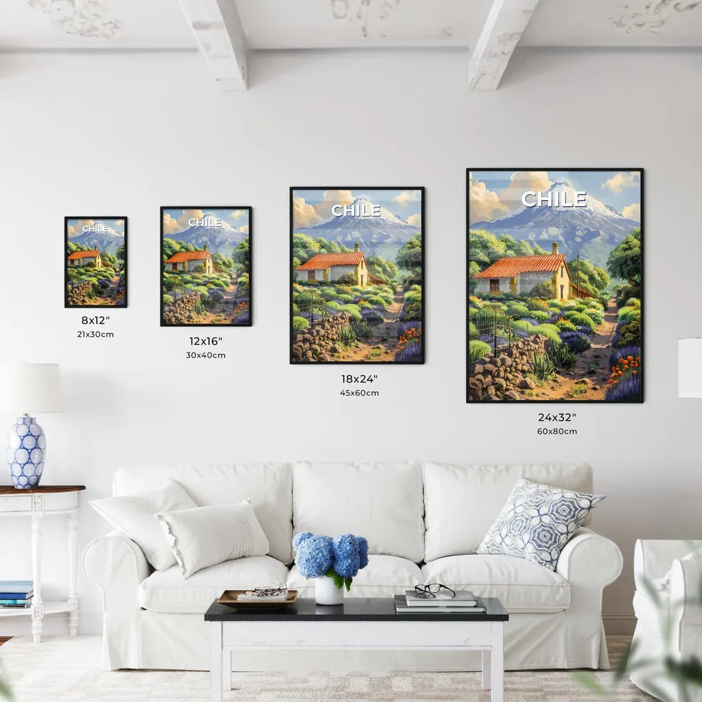 Vibrant Painting of a House with Garden and Mountain, Chile, South America, Focus on Art Size Chart