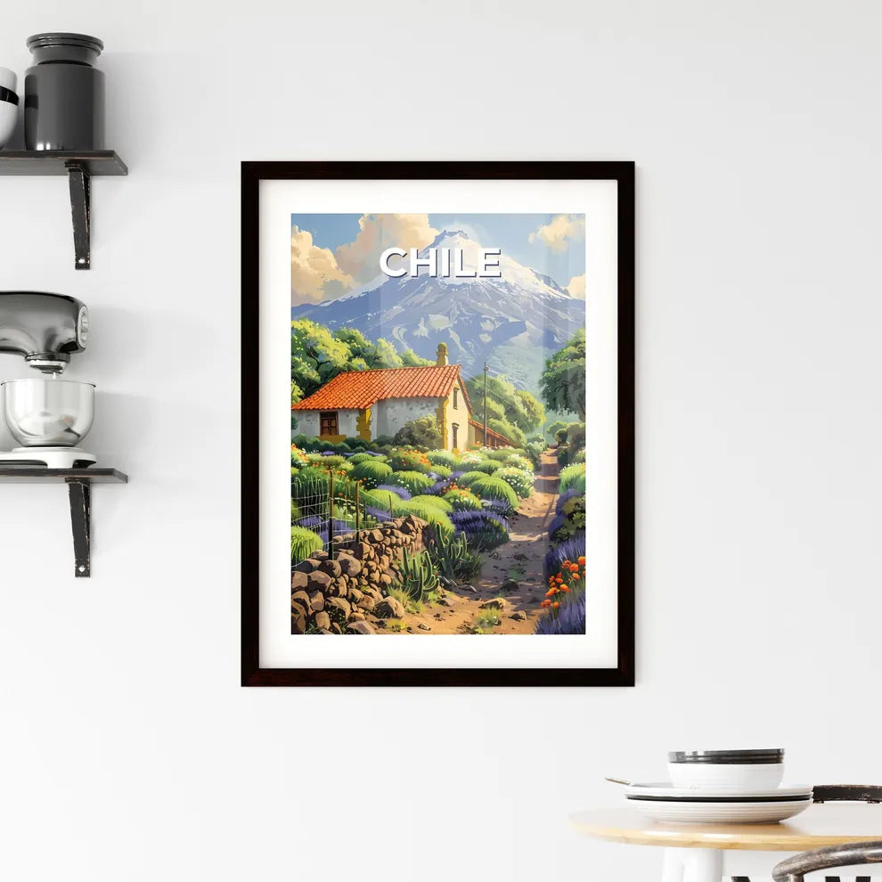 Vibrant Painting of a House with Garden and Mountain, Chile, South America, Focus on Art Custom Print