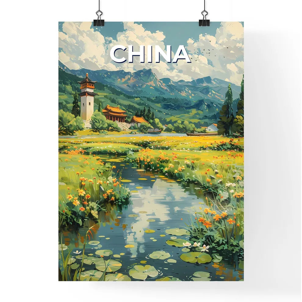 Vibrant Chinese Painting: Flowers by the River with Building Backdrop Poster