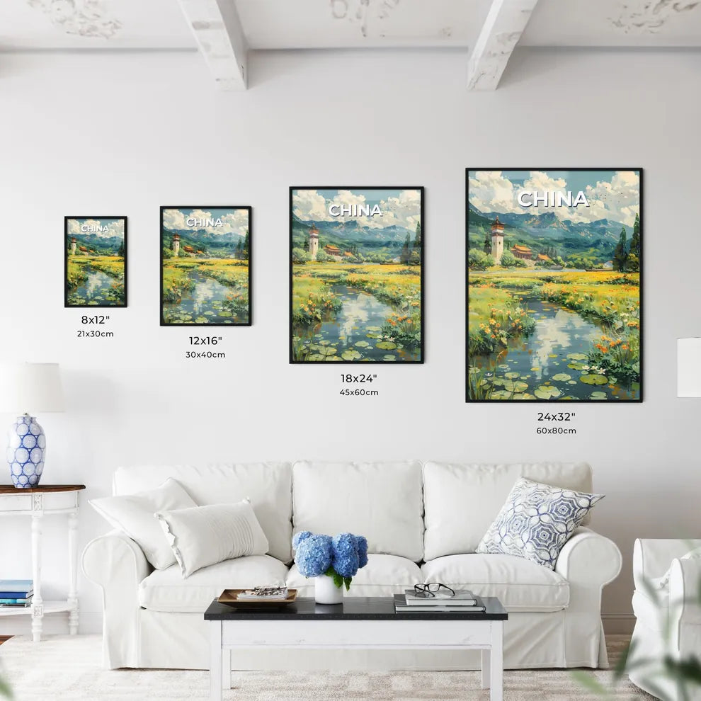 Vibrant Chinese Painting: Flowers by the River with Building Backdrop Size Chart