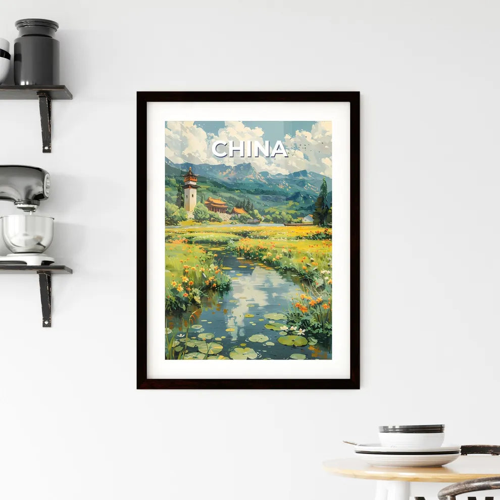 Vibrant Chinese Painting: Flowers by the River with Building Backdrop Custom Print