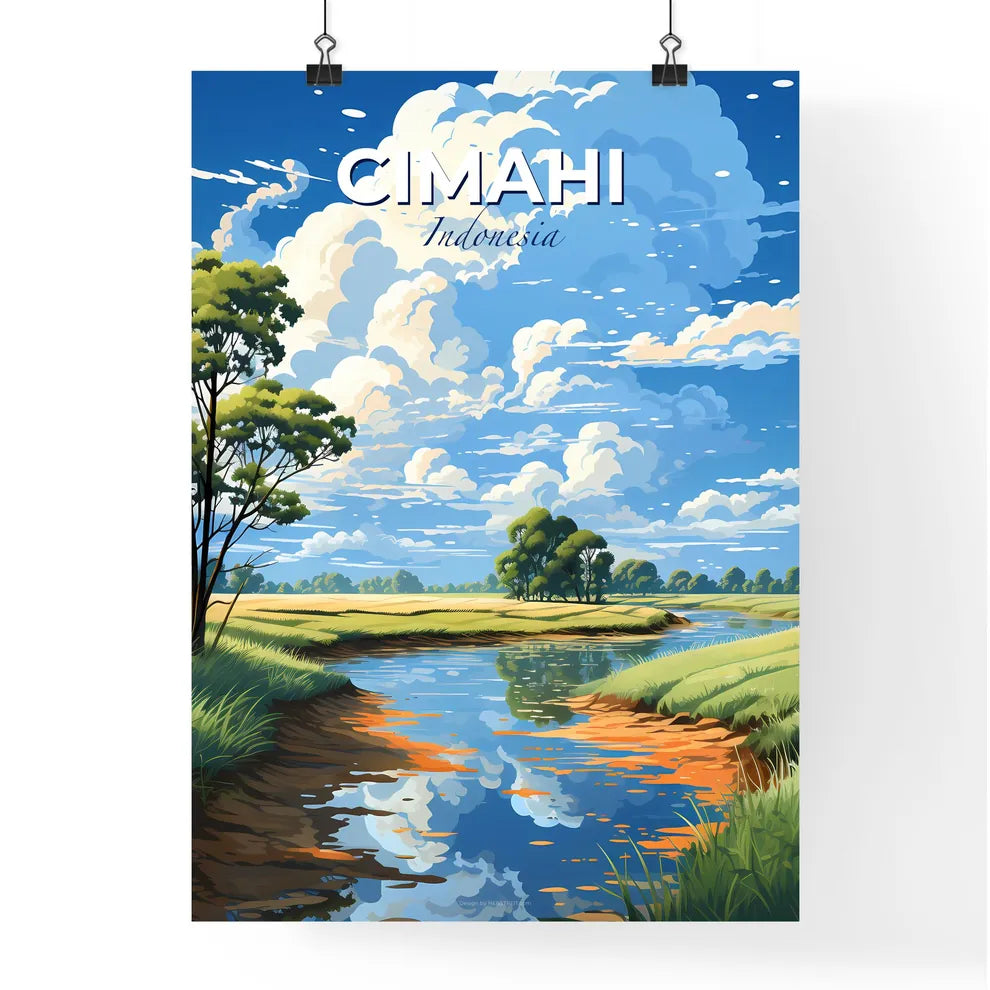 Panoramic Impressionist Landscape Painting of Cimahi Indonesia Skyline with Flowing River Default Title