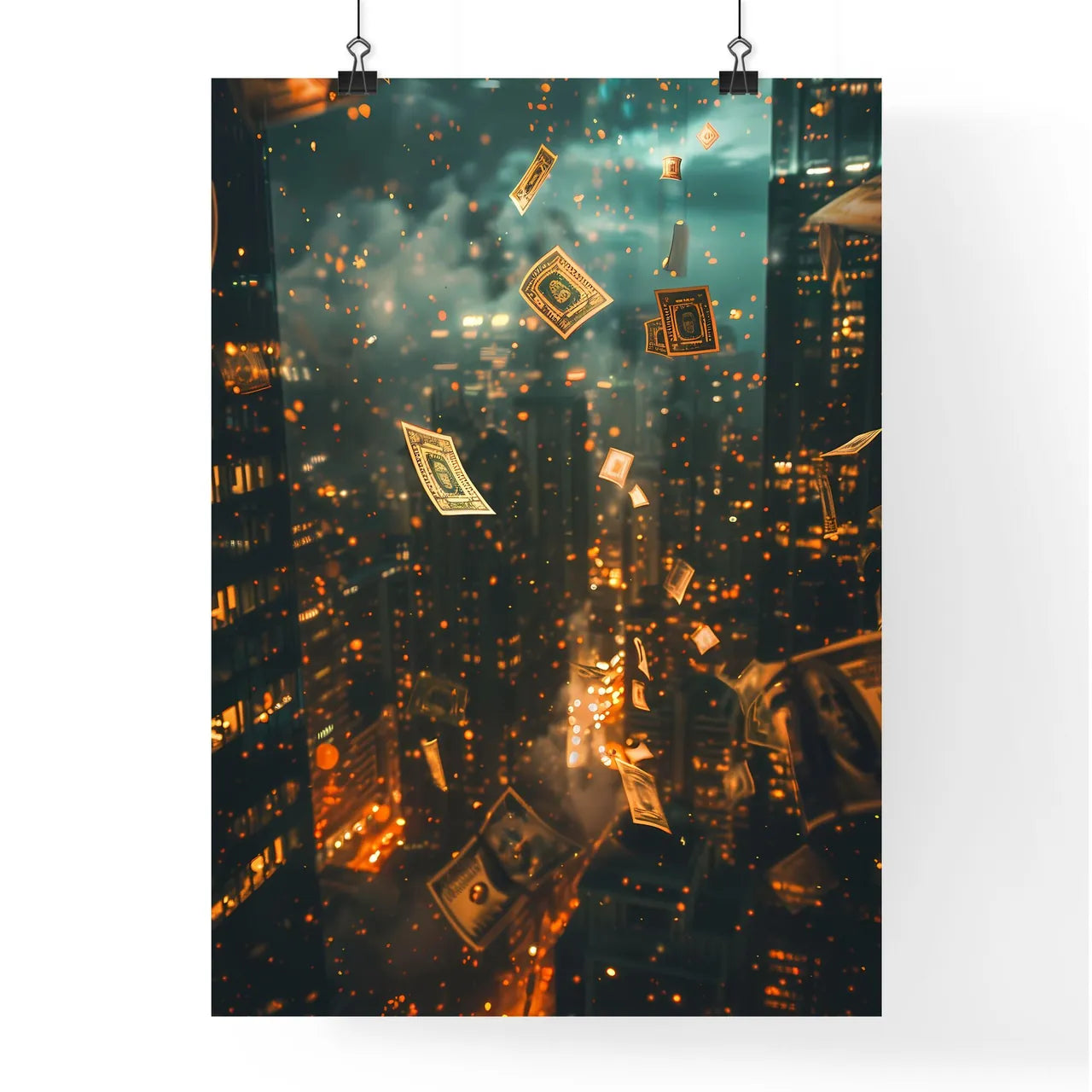 Digital art, financial technology, blockchain, global business, aerial city view, money flying Poster