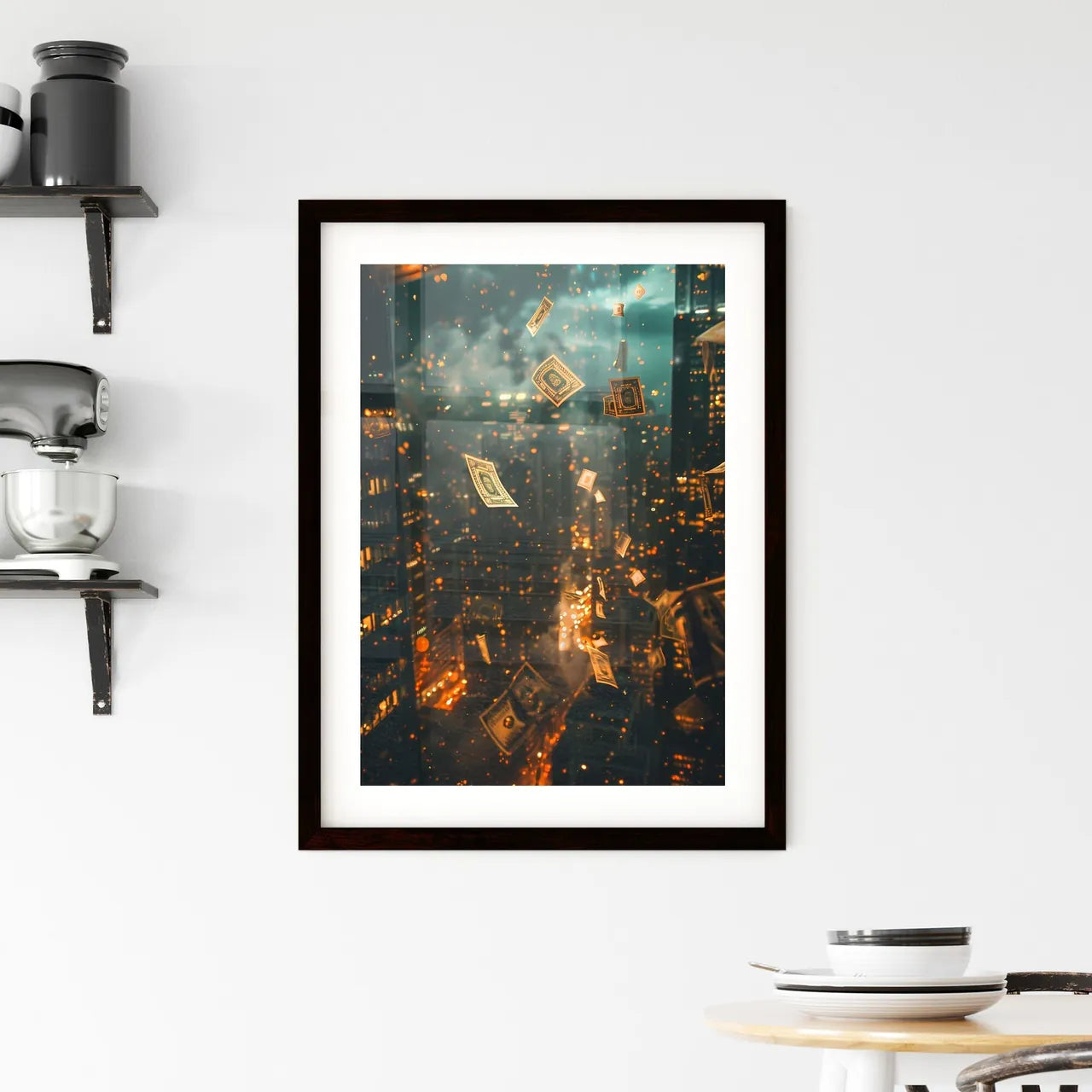 Digital art, financial technology, blockchain, global business, aerial city view, money flying Custom Print