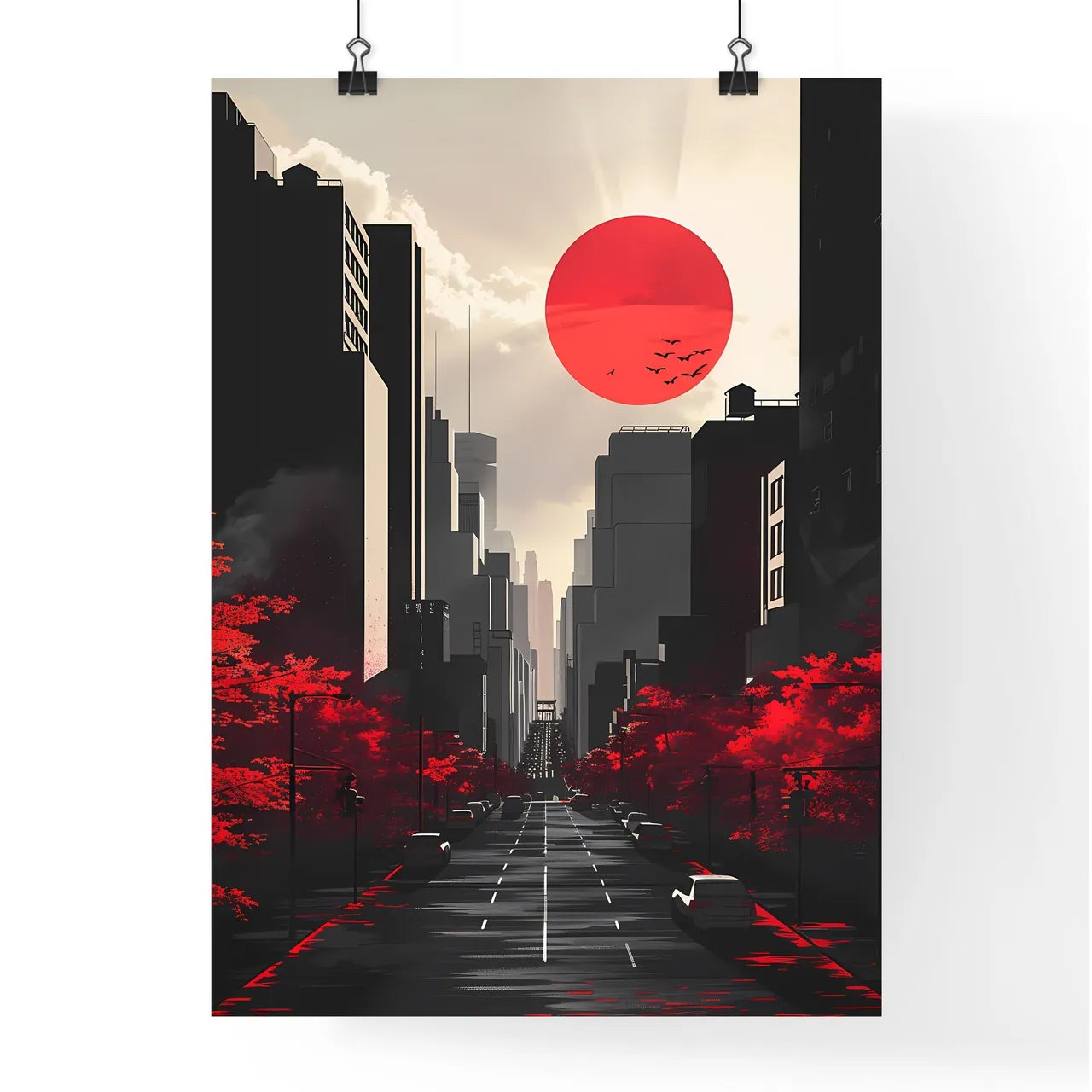 City Walk: A Serene Urban Landscape Depicted in Vibrant Red and Black, Capturing the ArtisticEssence Poster