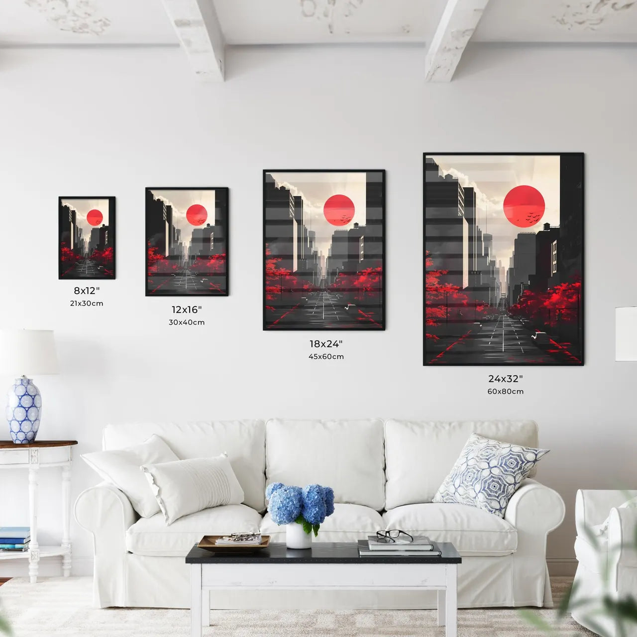 City Walk: A Serene Urban Landscape Depicted in Vibrant Red and Black, Capturing the ArtisticEssence Size Chart