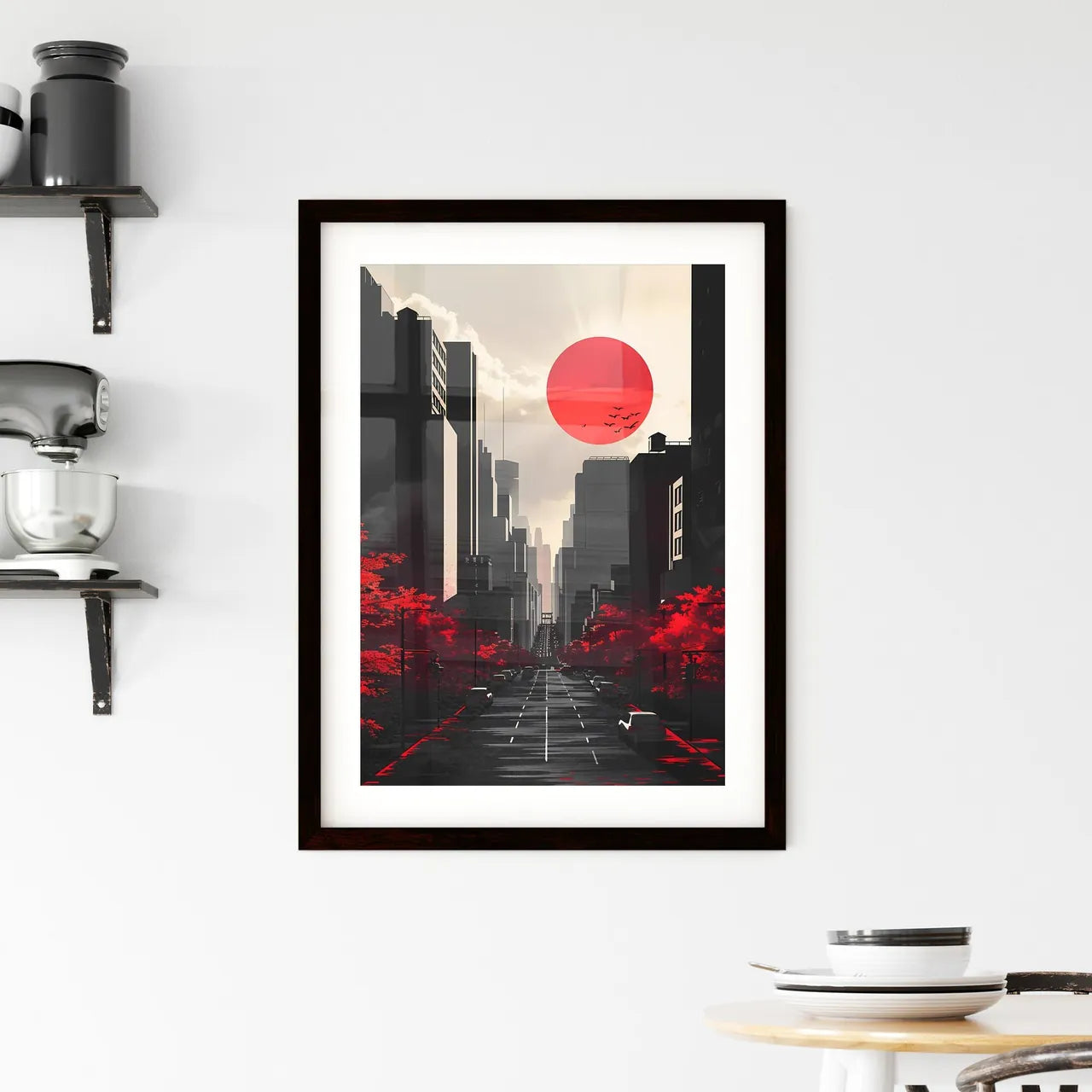 City Walk: A Serene Urban Landscape Depicted in Vibrant Red and Black, Capturing the ArtisticEssence Custom Print