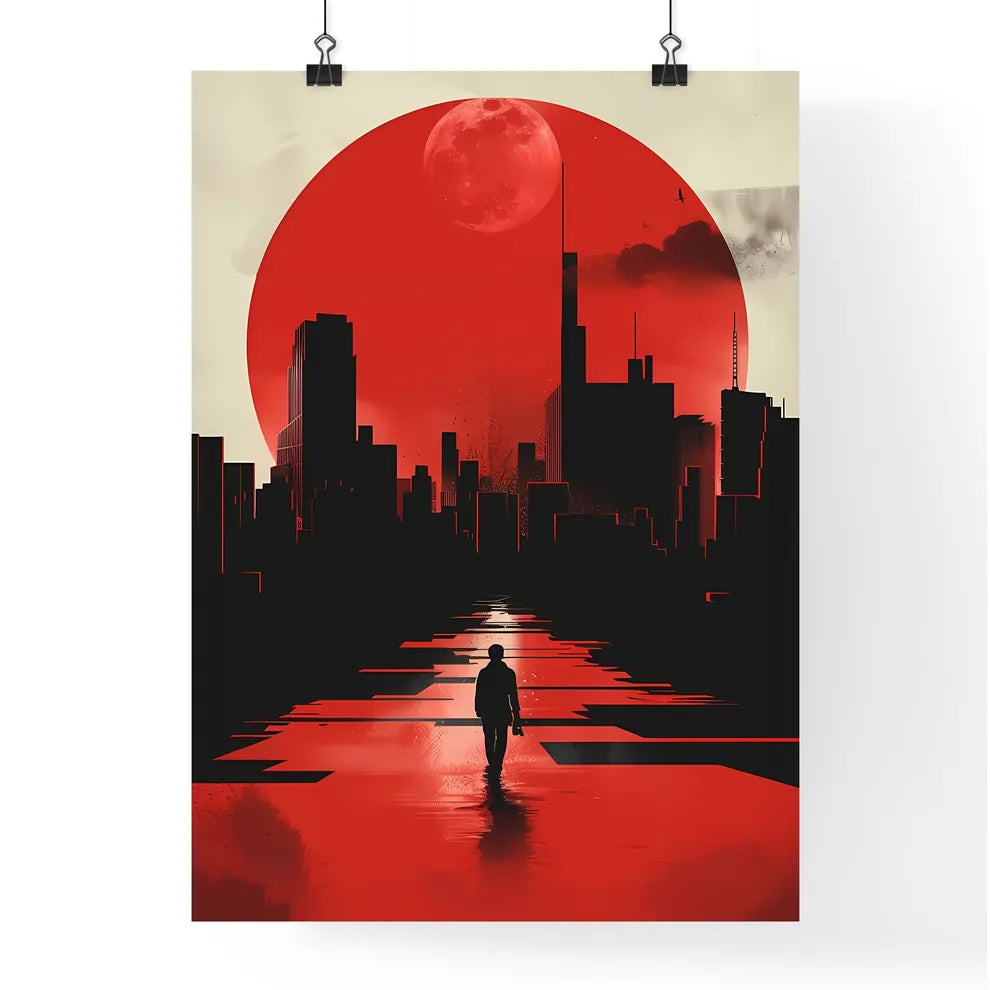 City Walk Illustration 2D Red Black Abstract Art Painting Modern Design Cityscape Poster