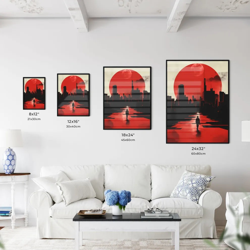 City Walk Illustration 2D Red Black Abstract Art Painting Modern Design Cityscape Size Chart