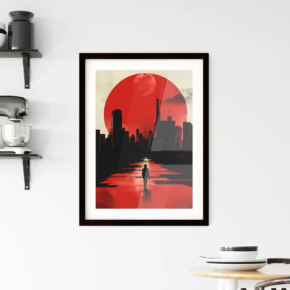 City Walk Illustration 2D Red Black Abstract Art Painting Modern Design Cityscape Custom Print