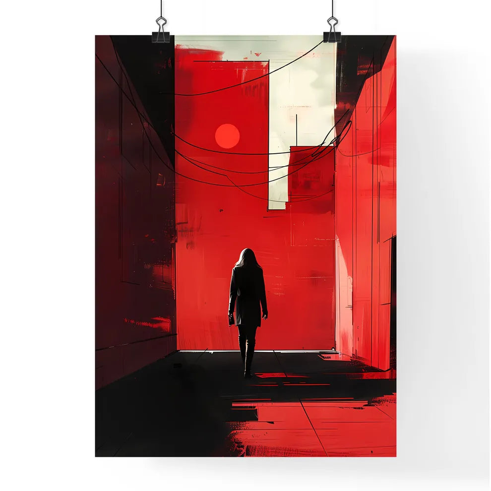 Cityscape painting, modern art, hallway, red and black, digital painting, 2D, minimalist, graphic design, abstract Poster