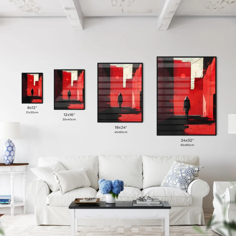 Cityscape painting, modern art, hallway, red and black, digital painting, 2D, minimalist, graphic design, abstract Size Chart