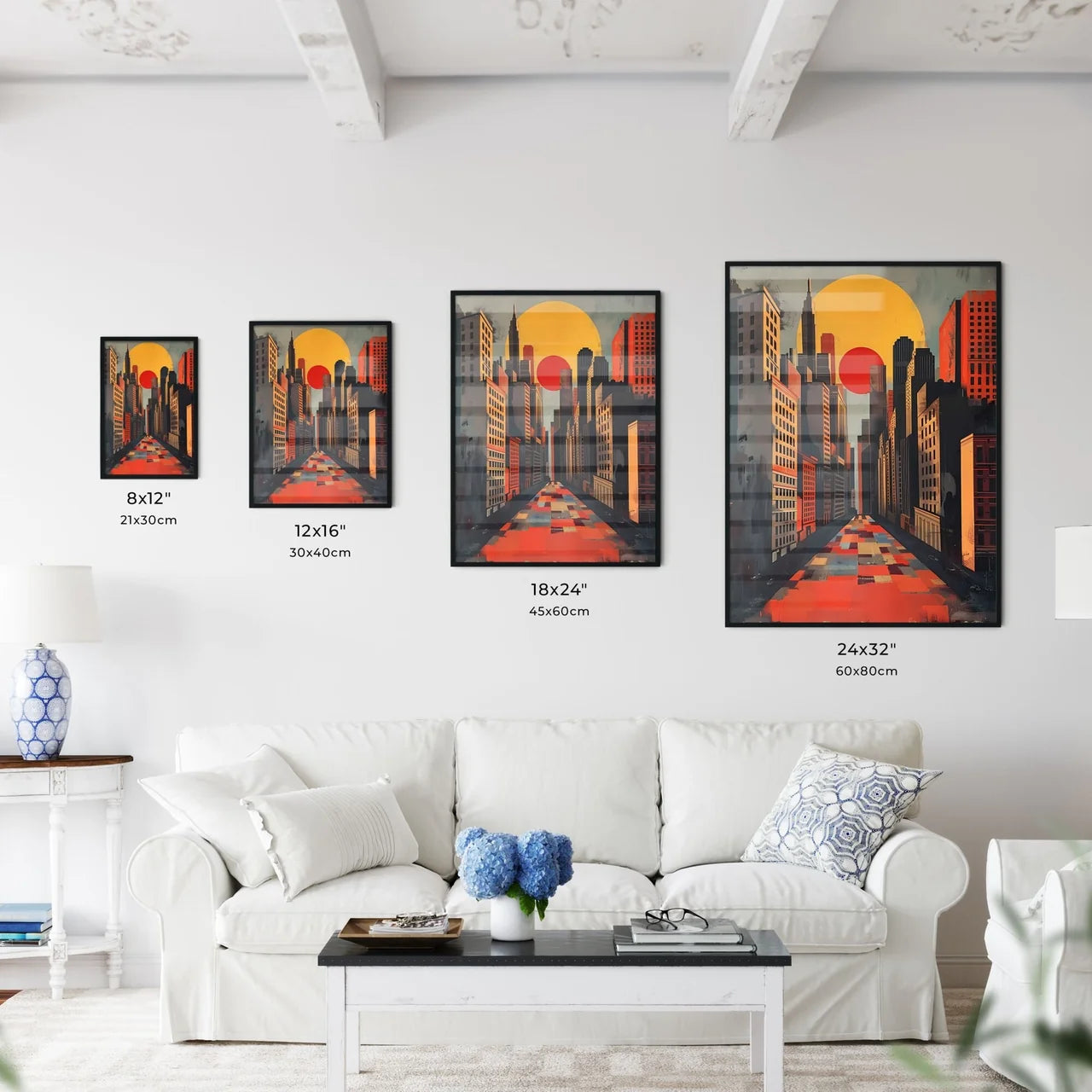 Contemporary Urban Scape, Architectural Art, City Skyline Painting Size Chart