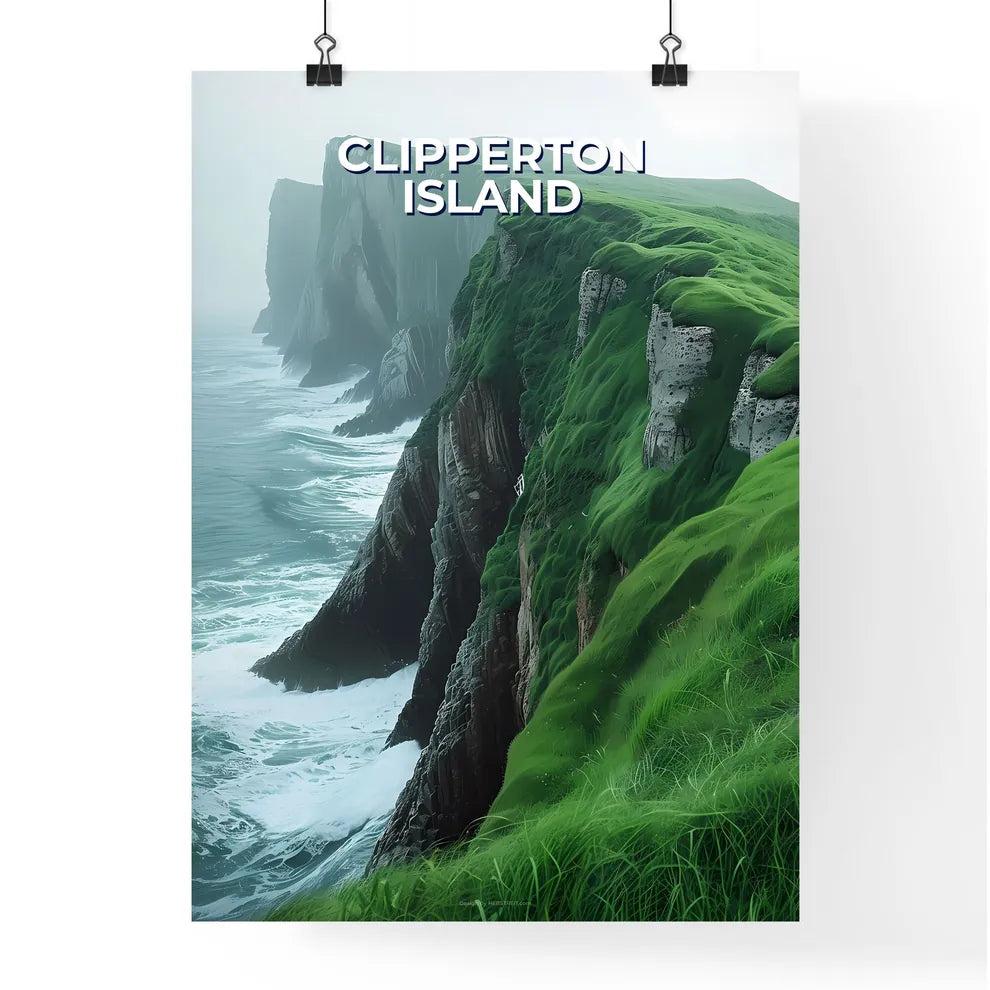 Colorful Artistic Depiction of Clipperton Island's Grassy Cliff Overlooking Ocean Poster