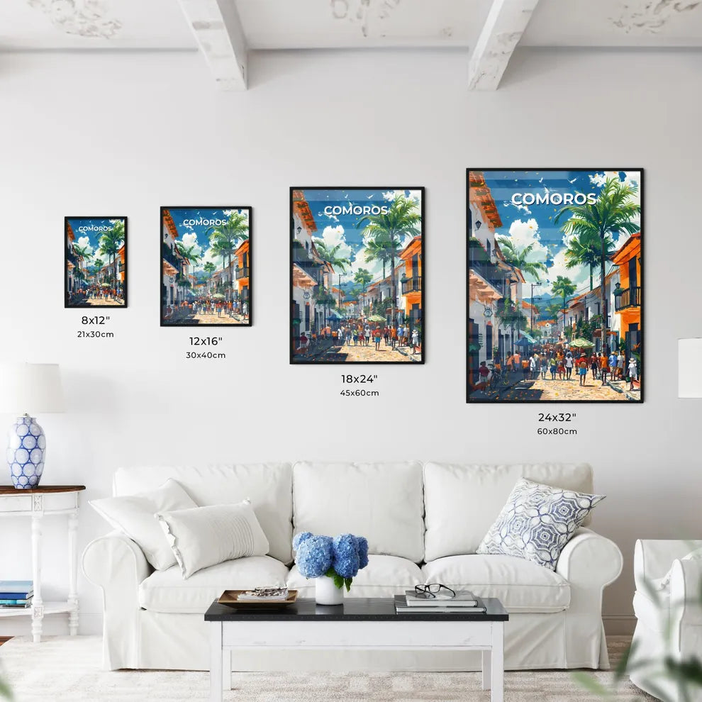 Colorful African Street Scene Painting - Comoros Art Africa Vibrant Painting Size Chart