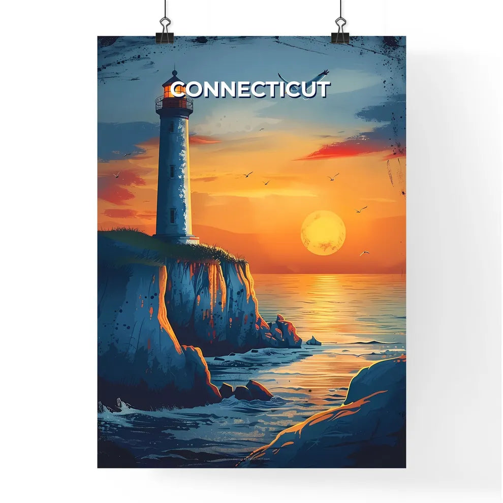 Artistic Sunset Lighthouse Painting: Vibrant Connecticut Landscape Poster