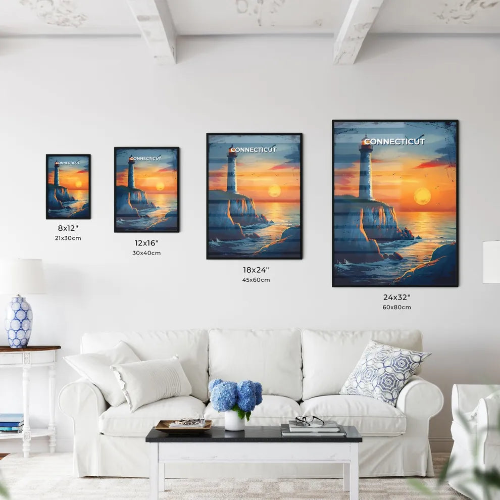 Artistic Sunset Lighthouse Painting: Vibrant Connecticut Landscape Size Chart