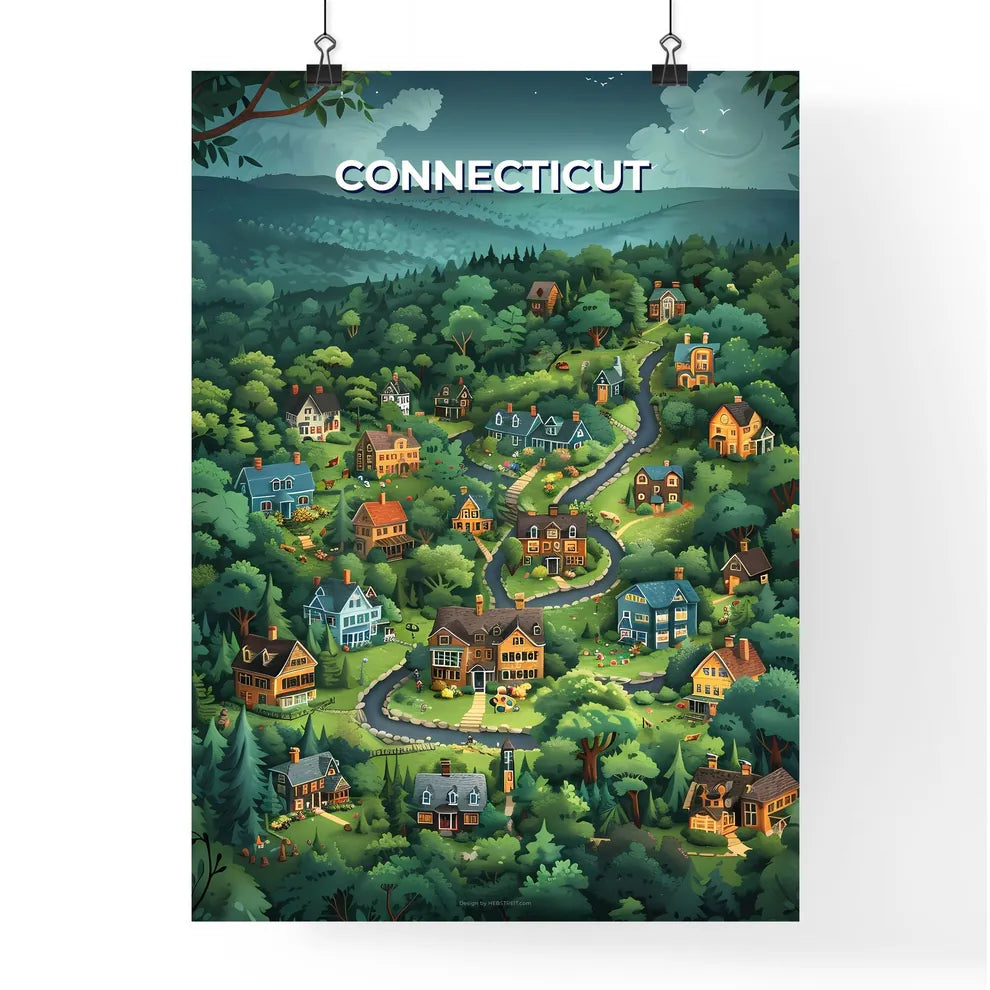 Cartoon Village Painting Connecticut USA Woods Artwork Vibrant Art Poster