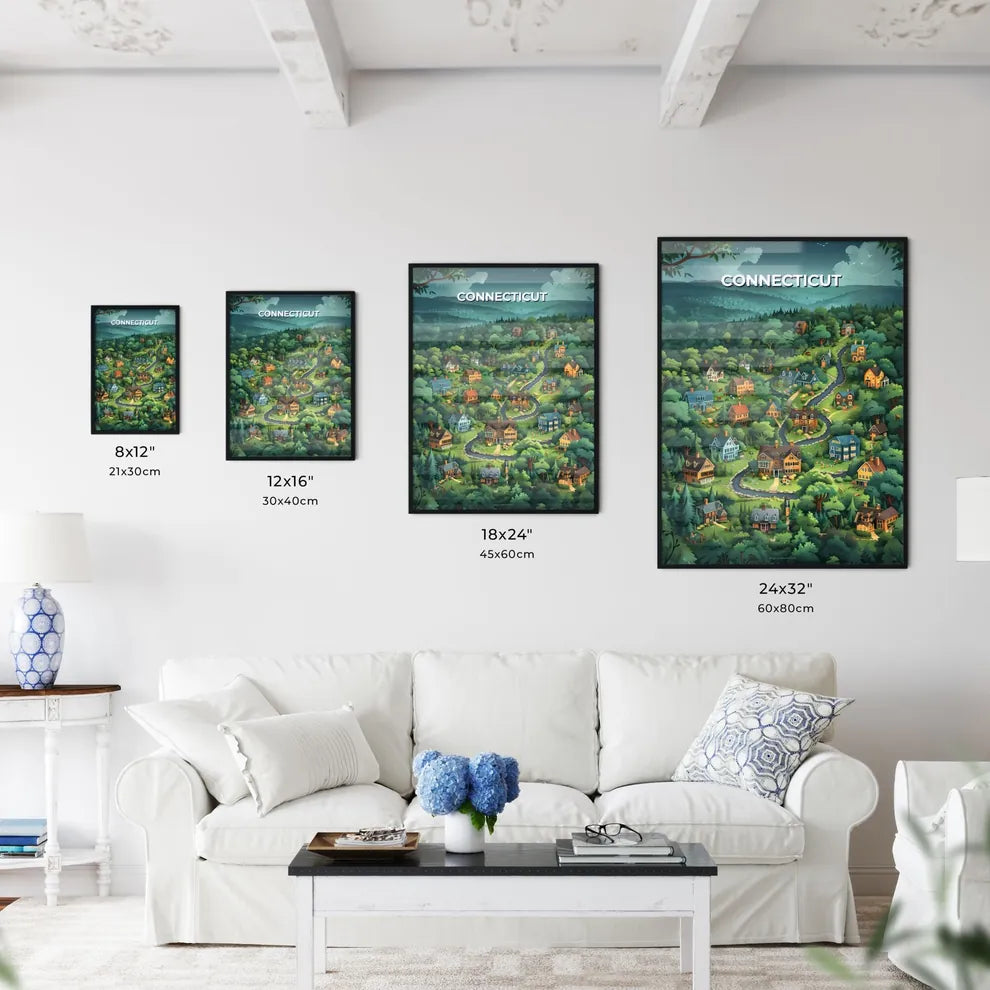 Cartoon Village Painting Connecticut USA Woods Artwork Vibrant Art Size Chart