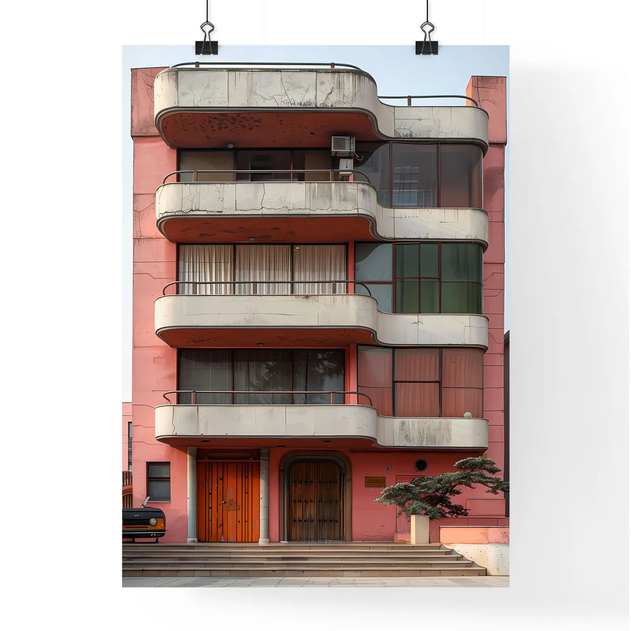 Geometric Lines, Vibrant Painting, Modern Architecture, Balcony Focus, Abstract Canvas, Art Decor Poster