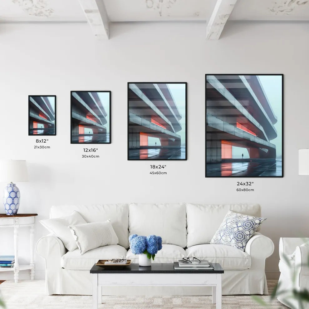 Modern Art Architecture Vibrant Geometric Shapes Clean Lines Building Person Walking Painting Abstract Minimal Size Chart