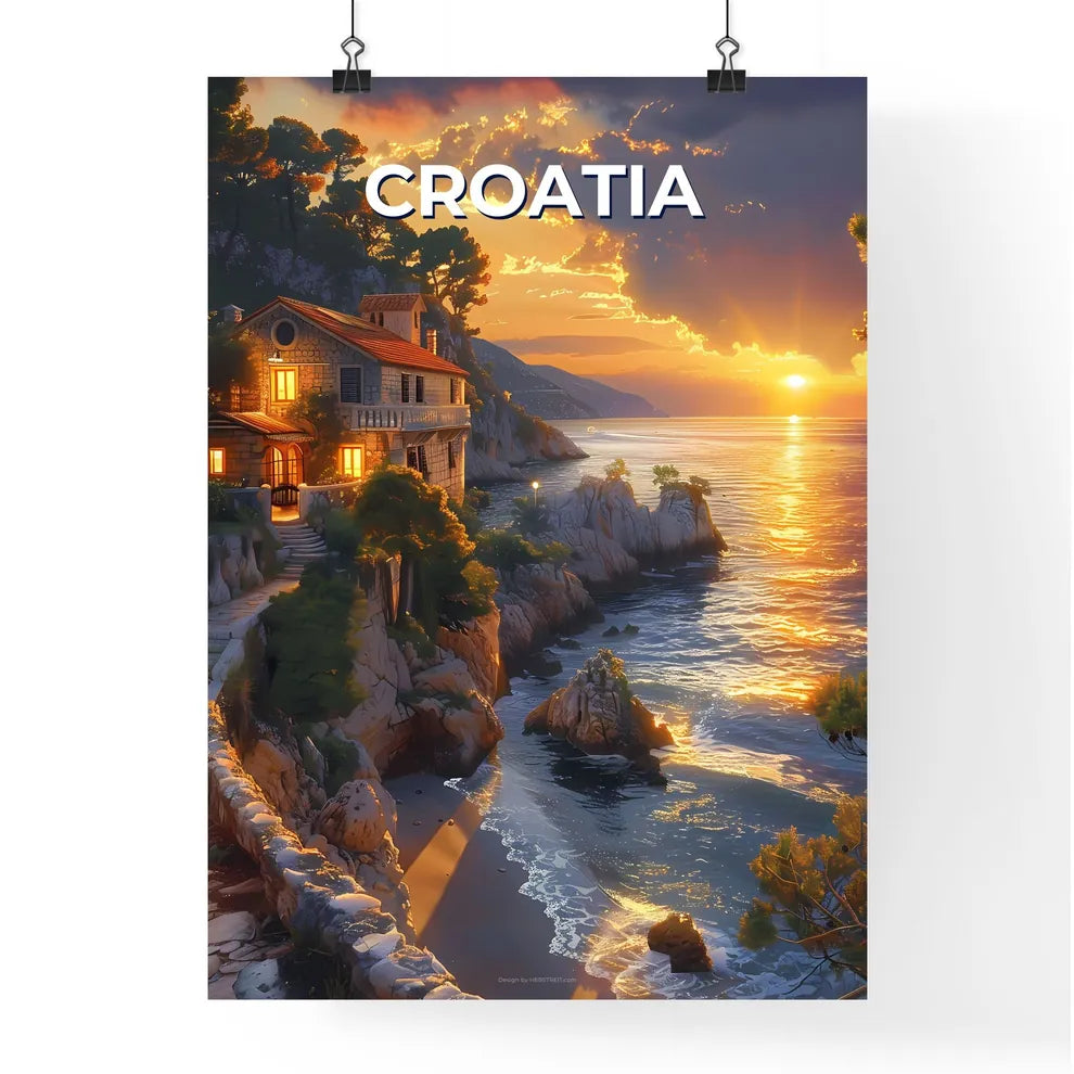 Vibrant Painting of Colorful House on Cliff by Water, European Coastal Art Poster