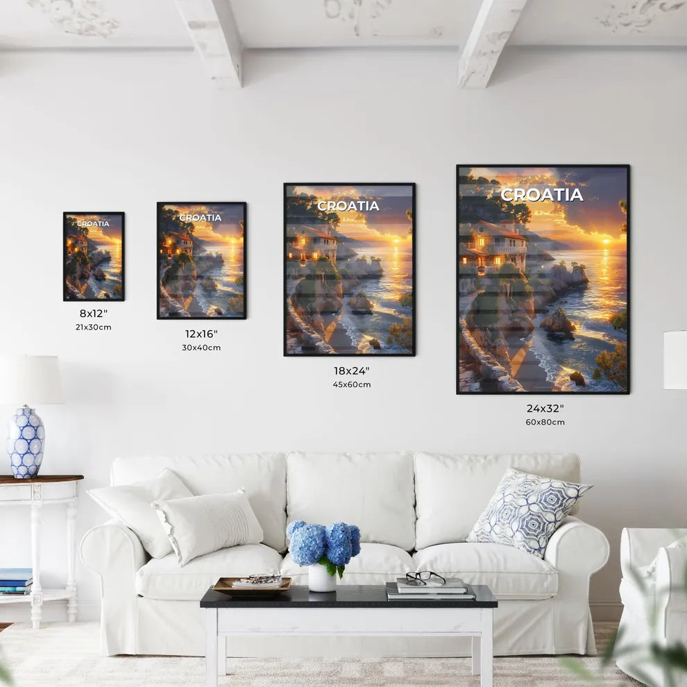 Vibrant Painting of Colorful House on Cliff by Water, European Coastal Art Size Chart