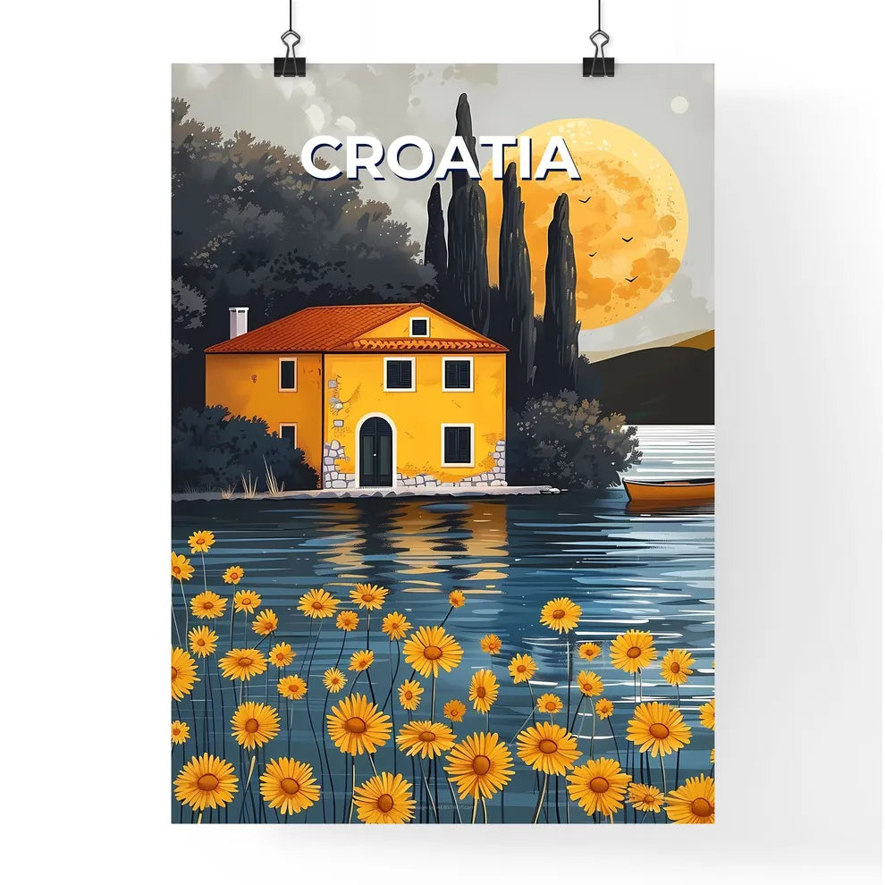 Vibrant Painting of a Yellow House by a Lake in Croatia, Europe, with Boat and Trees Poster