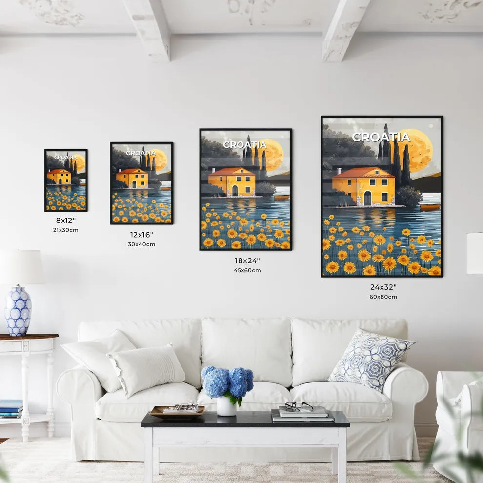 Vibrant Painting of a Yellow House by a Lake in Croatia, Europe, with Boat and Trees Size Chart