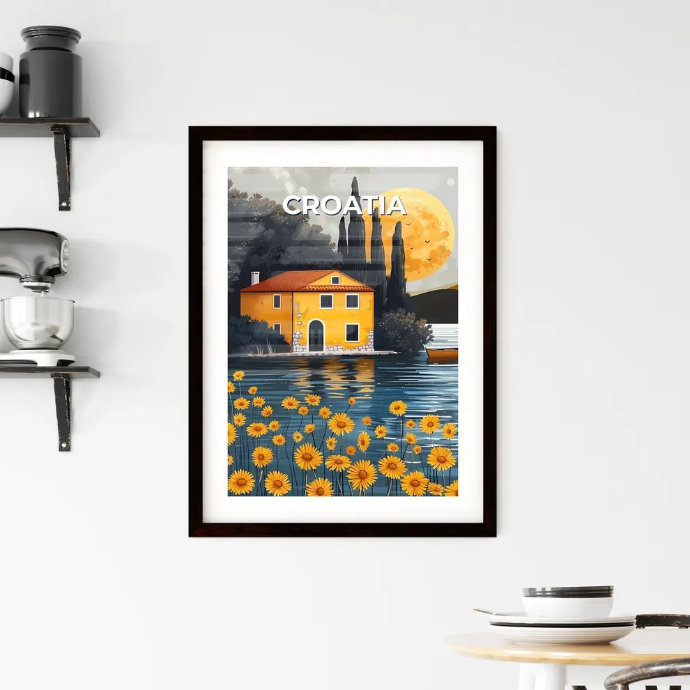 Vibrant Painting of a Yellow House by a Lake in Croatia, Europe, with Boat and Trees Custom Print