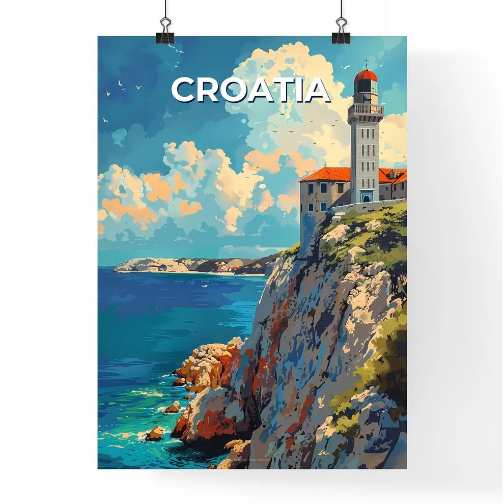 Croatia Landscape Art, Vibrant Ocean Cliff Painting, Europe Travel Photography Poster