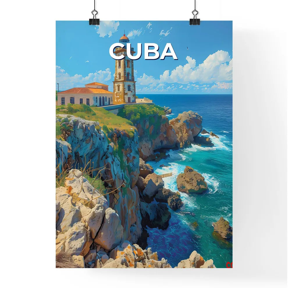 Vibrant Cuban Lighthouse Painting: Artistic Ocean Cliff Seascape Art Poster