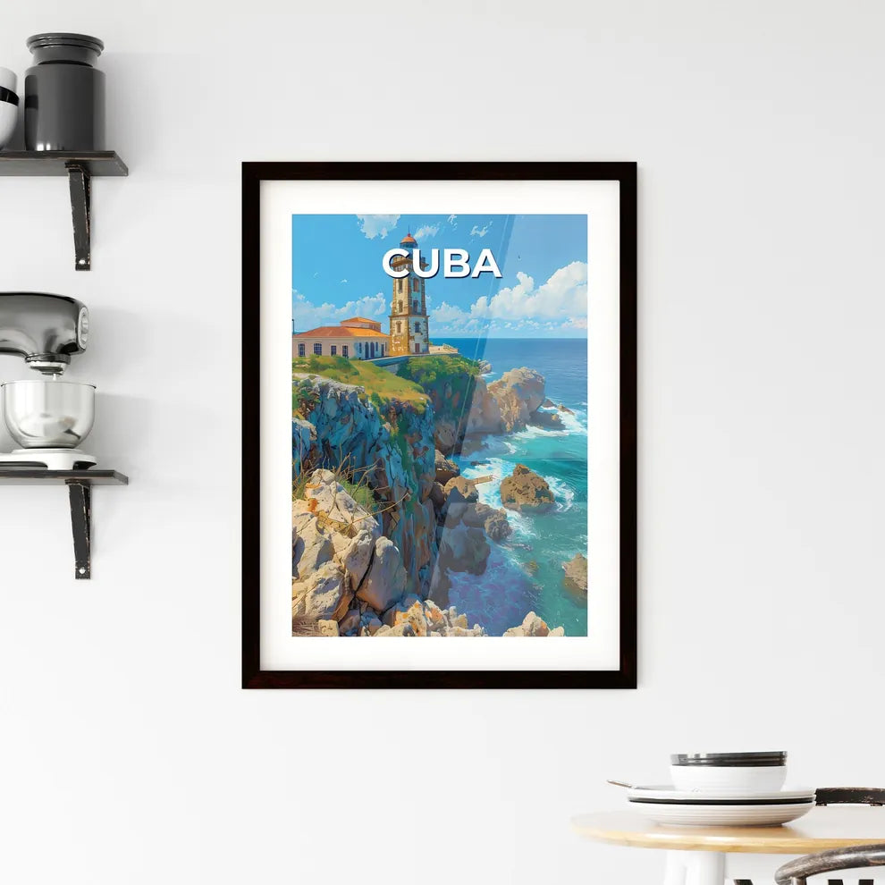 Vibrant Cuban Lighthouse Painting: Artistic Ocean Cliff Seascape Art Custom Print