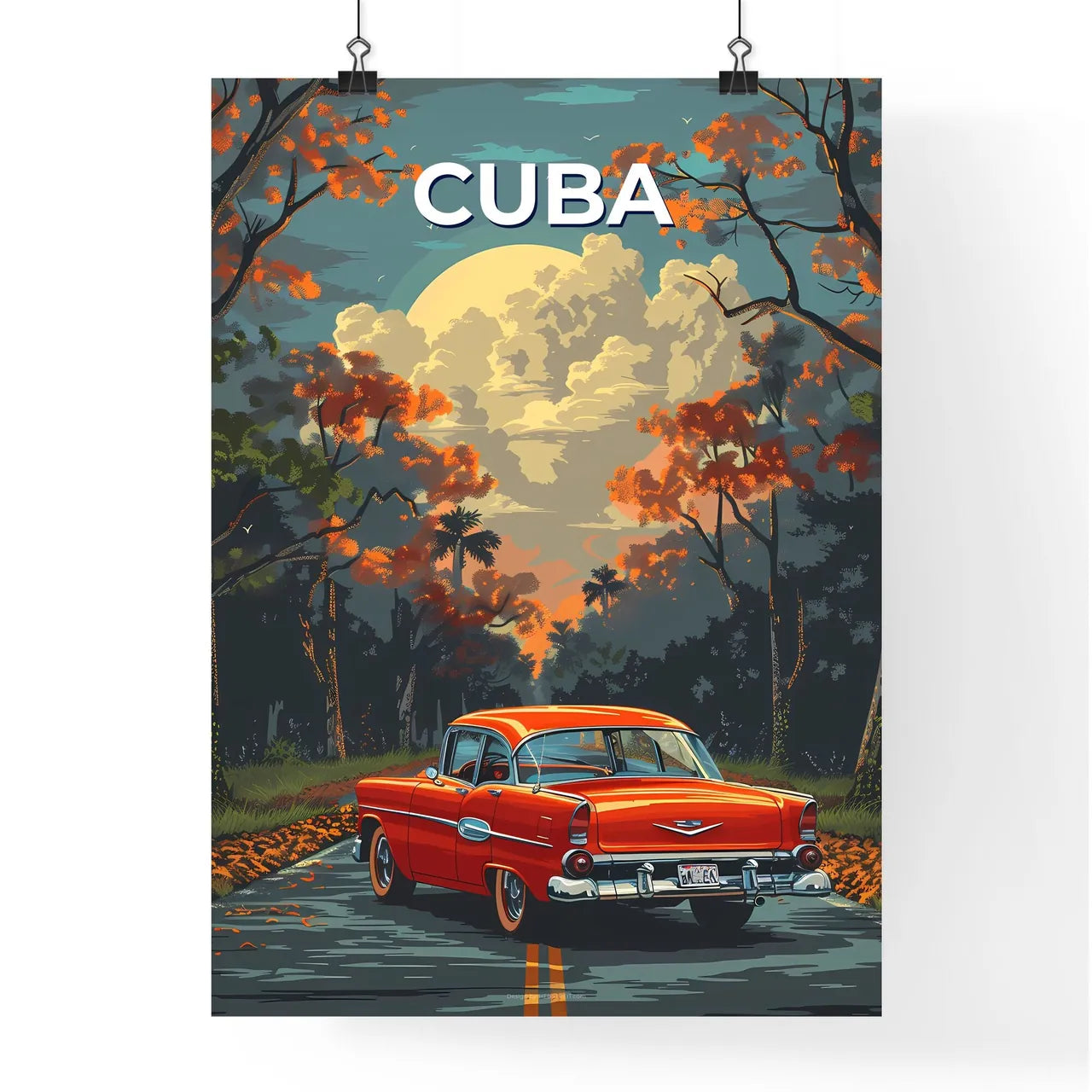 Vibrant Painting of a Red Car on a Road in C Poster