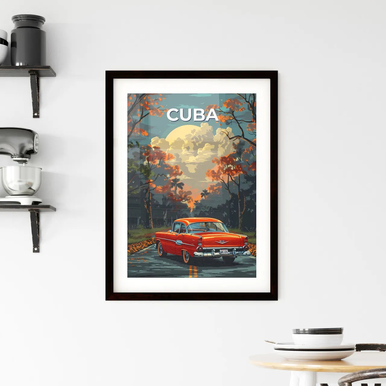 Vibrant Painting of a Red Car on a Road in C Framed Print