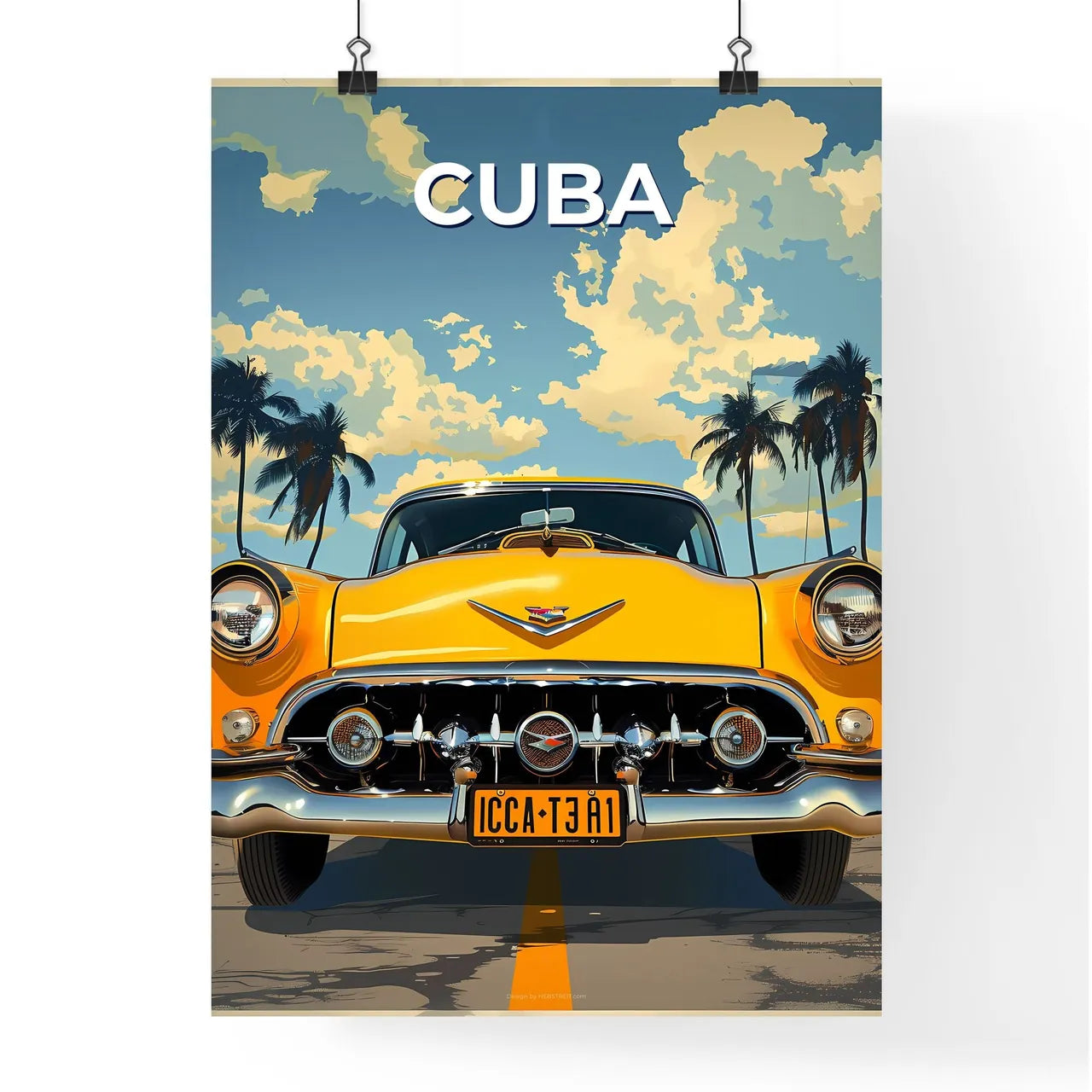 Vibrant Cuban Painting of a Yellow Car with  Poster