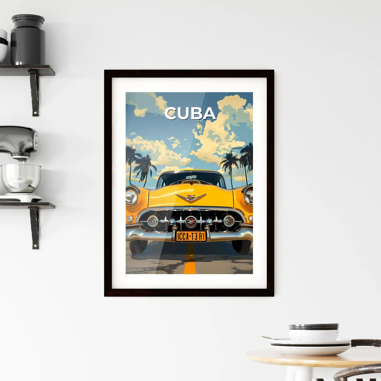 Vibrant Cuban Painting of a Yellow Car with  Framed Print