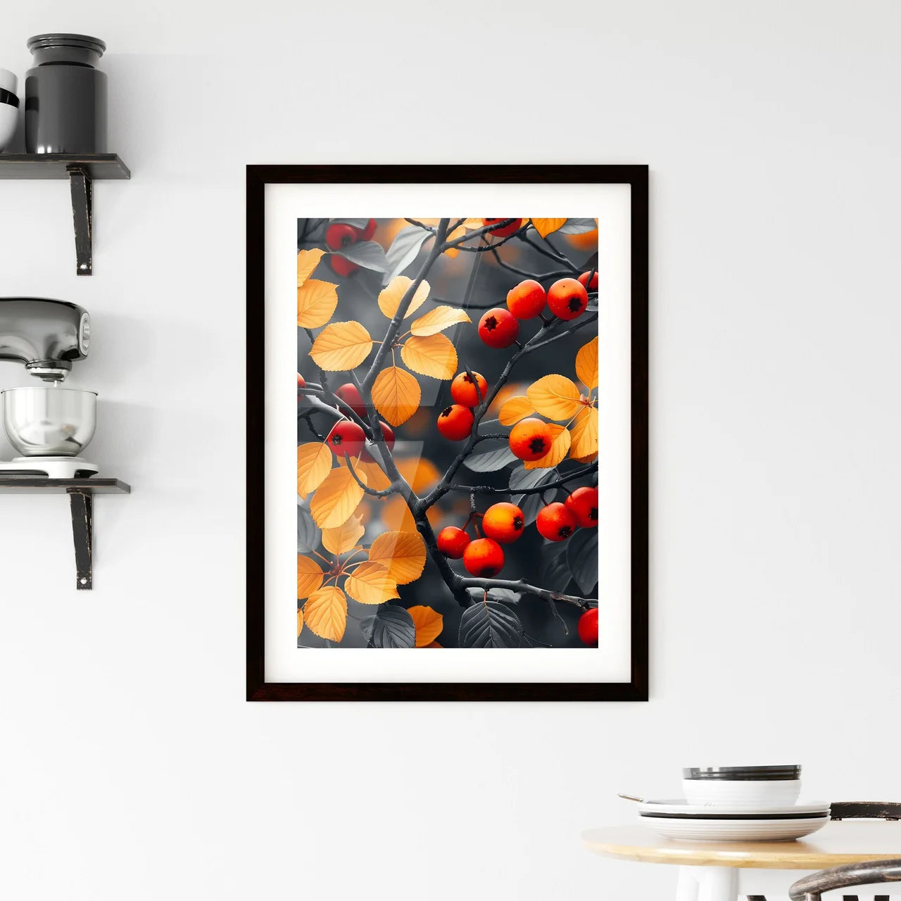 Boho Style Vibrant Tree Leaves Berries Pillo Framed Print