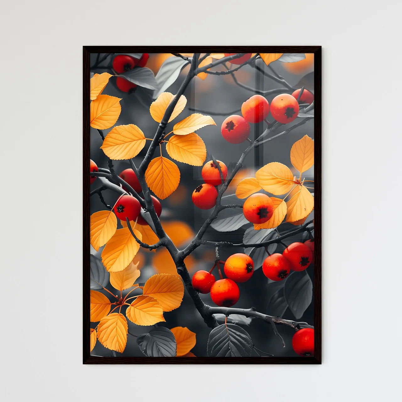 Boho Style Vibrant Tree Leaves Berries Pillo - Framed Art Print