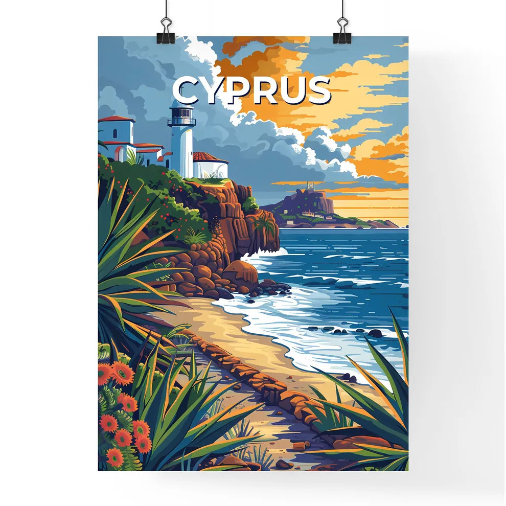 Cyprus Europe Beach Lighthouse Rocky Shore Painting Art Photo Poster