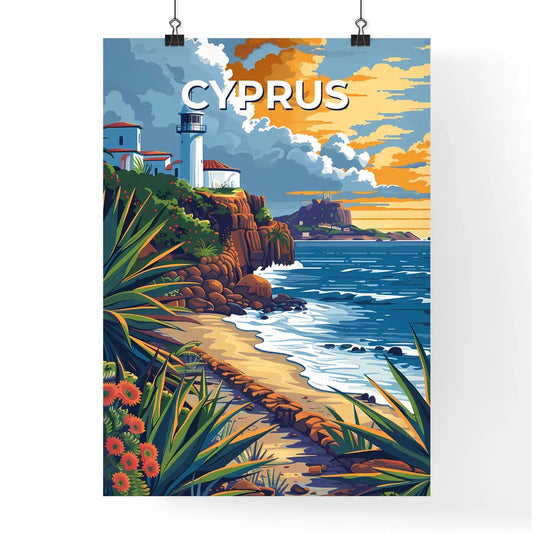 Cyprus Europe Beach Lighthouse Rocky Shore Painting Art Photo Poster