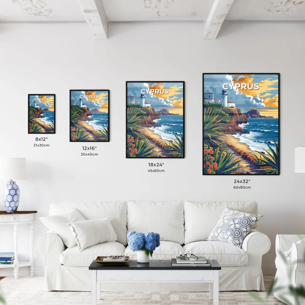 Cyprus Europe Beach Lighthouse Rocky Shore Painting Art Photo Size Chart