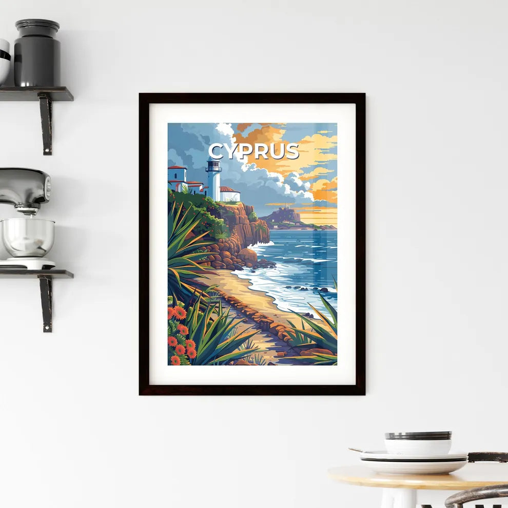 Cyprus Europe Beach Lighthouse Rocky Shore Painting Art Photo Custom Print
