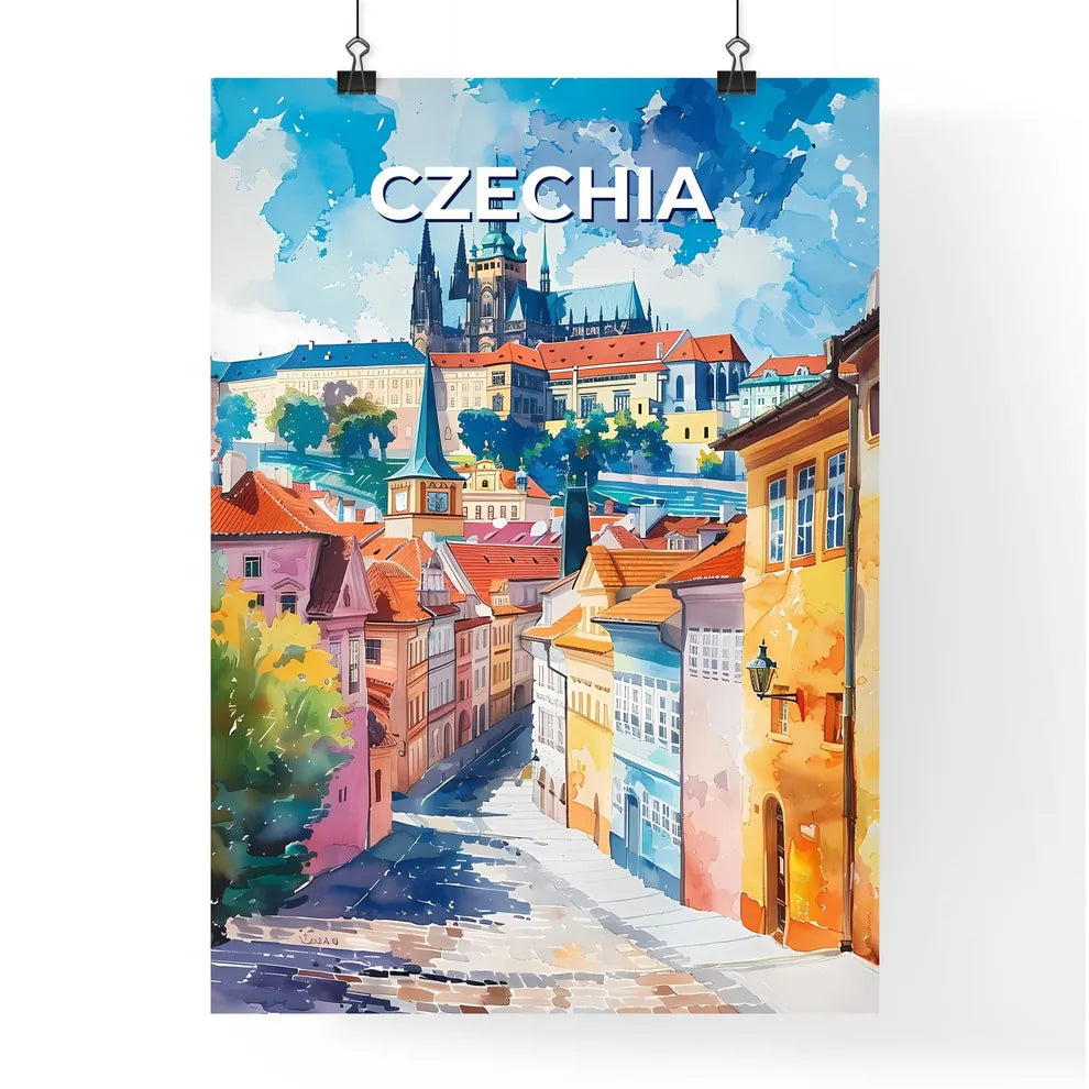 Vibrant Street Art Scene in Prague, Czechia with Castle in Background, Depicting Local Culture Poster