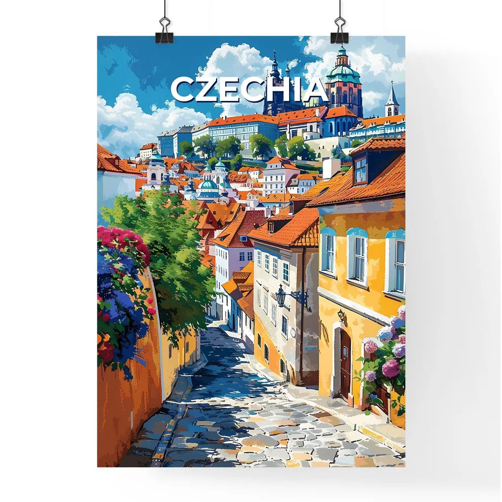 Artistic Cityscape Painting: European Street with Colorful Buildings and Vibrant Flowers Poster