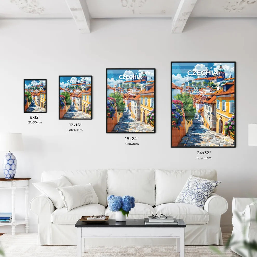 Artistic Cityscape Painting: European Street with Colorful Buildings and Vibrant Flowers Size Chart